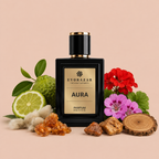AURA by Evorazar – parfum bottle surrounded by bergamot, geranium flowers, resin and wood