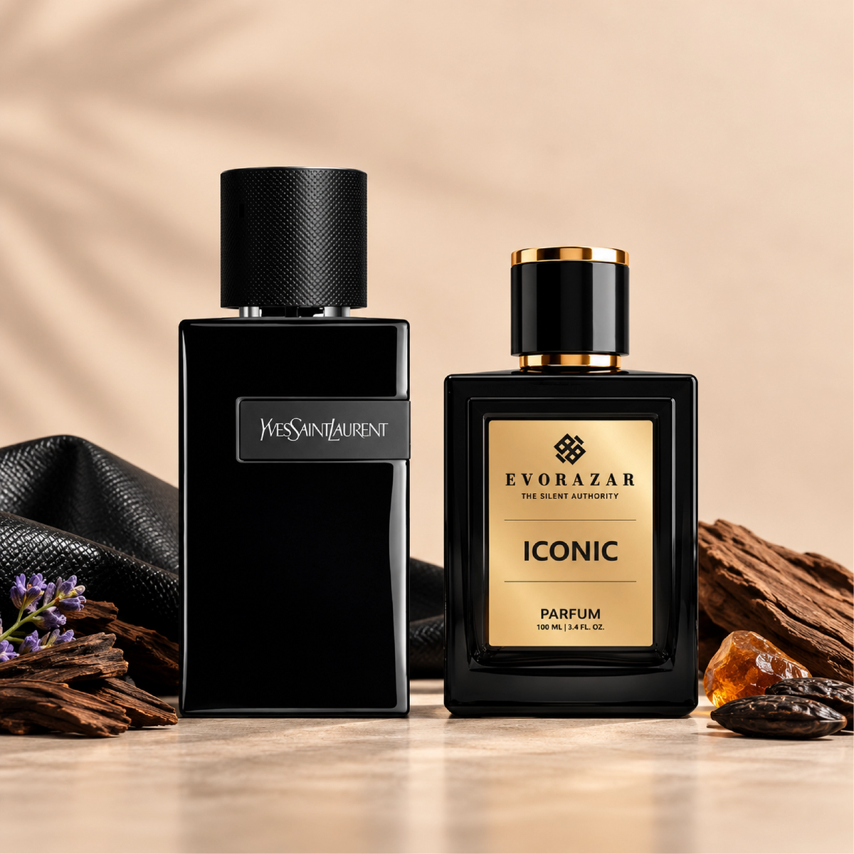 ICONIC by Evorazar – two black fragrance bottles arranged with wood, flowers and resin