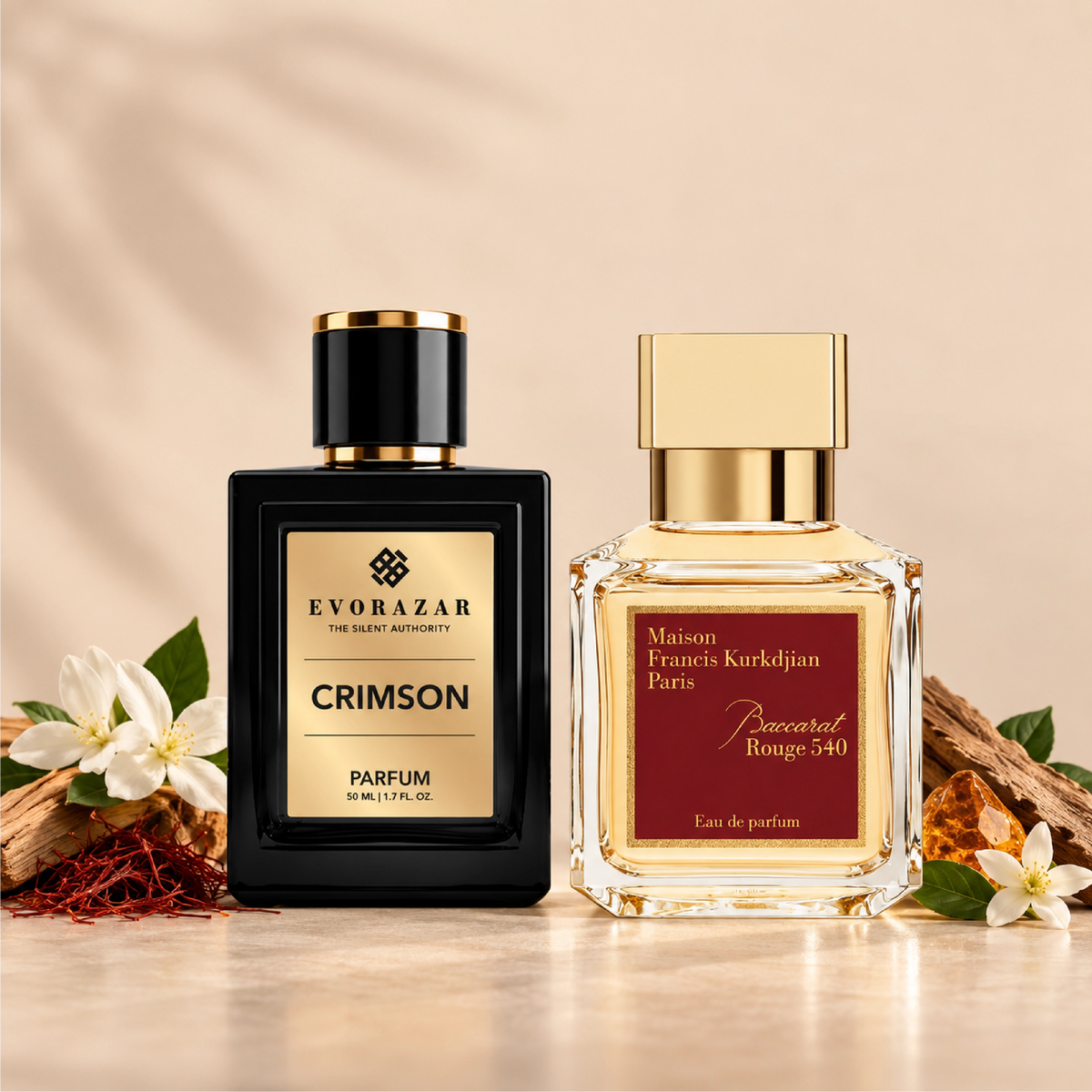 Crimson by Evorazar – black parfum bottle beside a clear bottle with flowers and wood