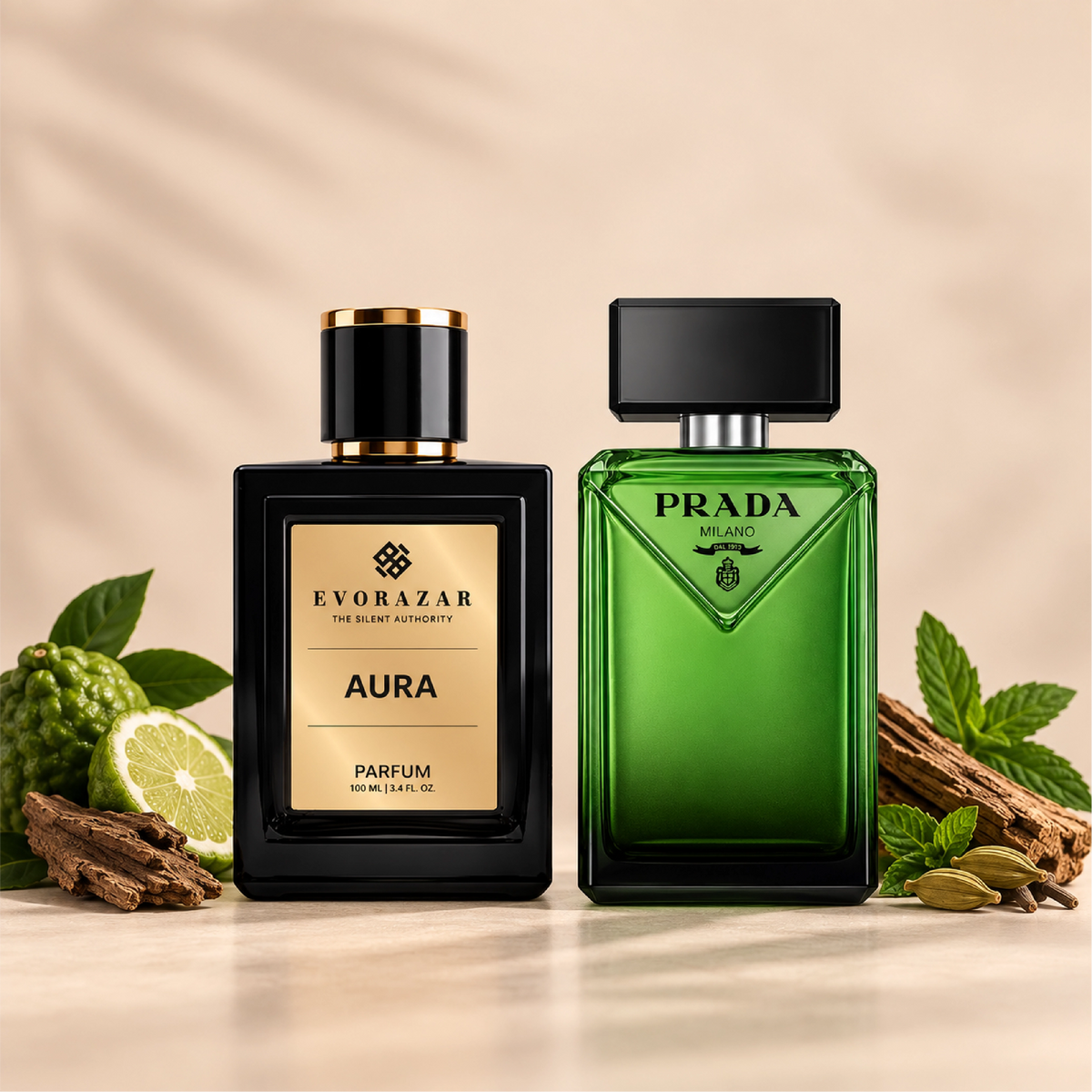 AURA by Evorazar – black parfum bottle beside a green bottle with citrus, leaves and wood
