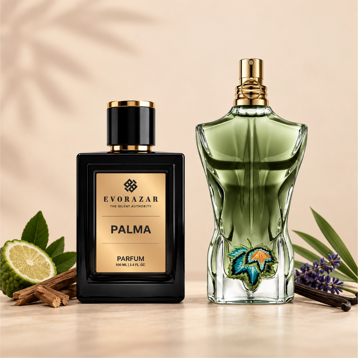 PALMA by Evorazar – black parfum bottle beside a green torso-shaped bottle with citrus and wood