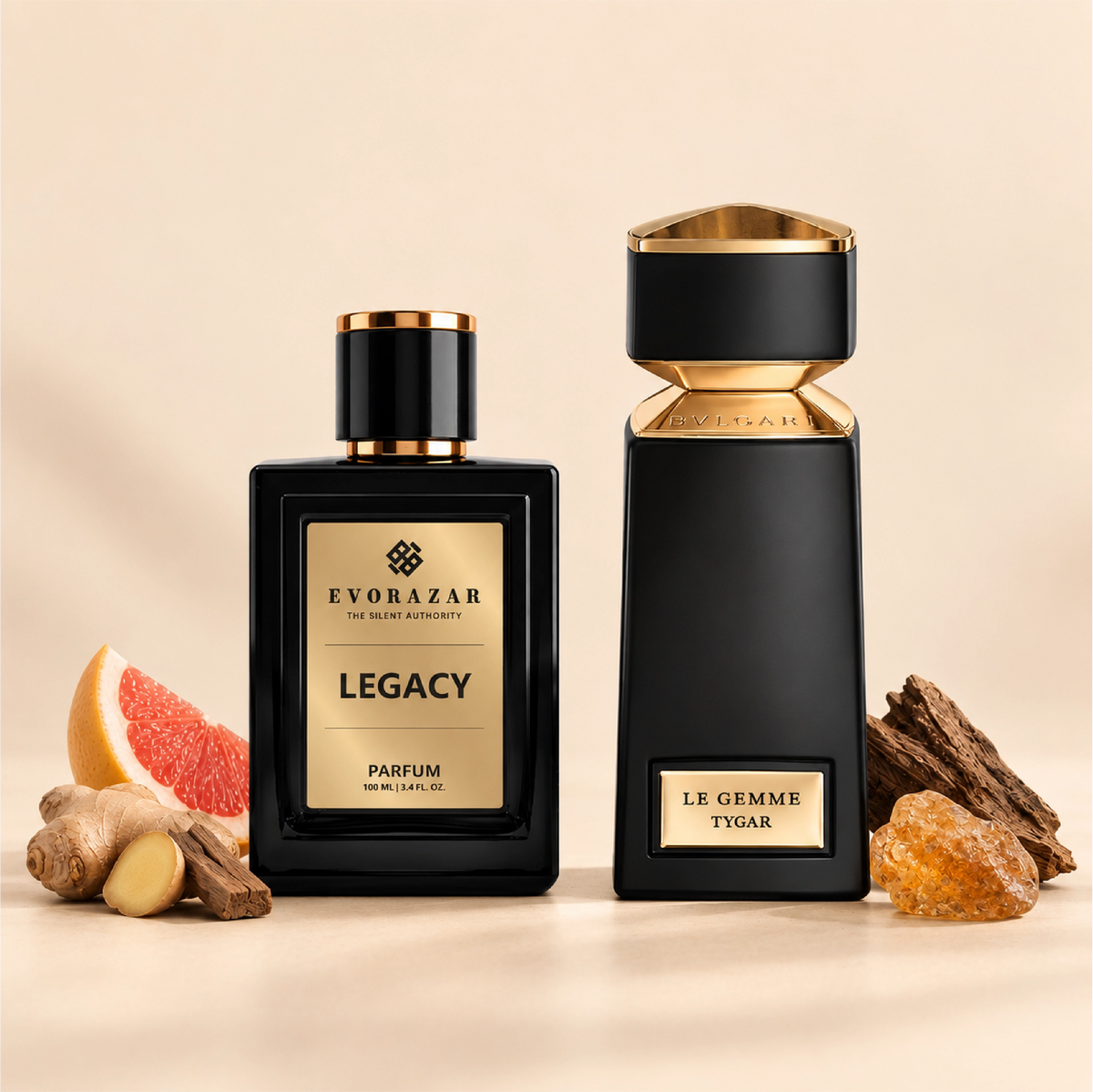 LEGACY by Evorazar – two black and gold fragrance bottles with grapefruit, ginger and wood