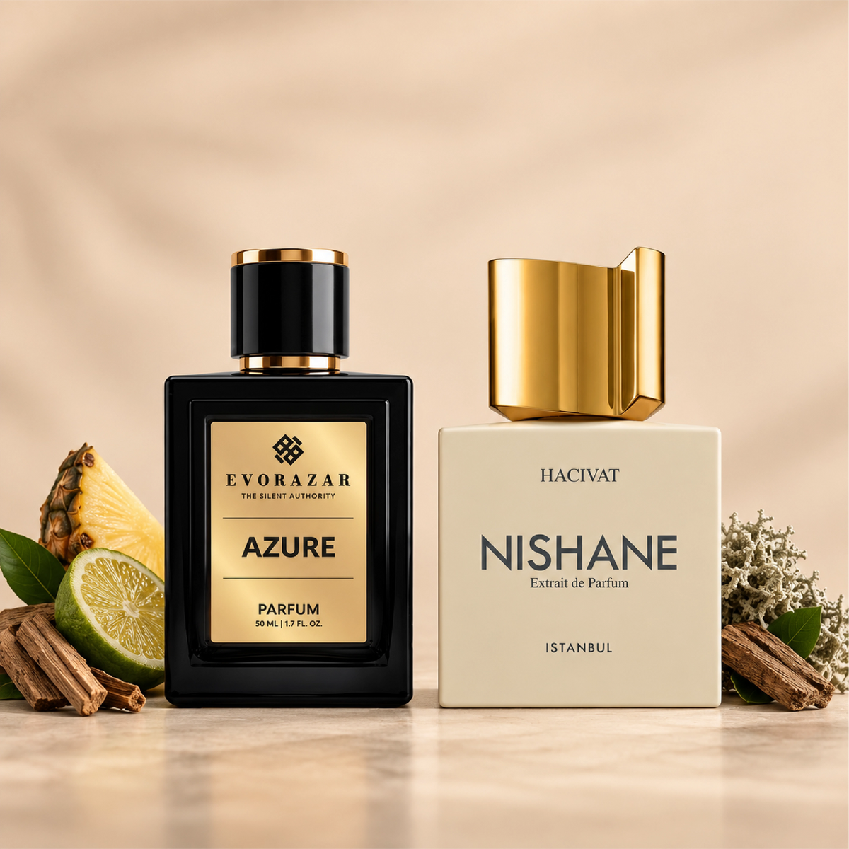 AZURE by Evorazar – black parfum bottle beside a cream bottle with pineapple, citrus and wood