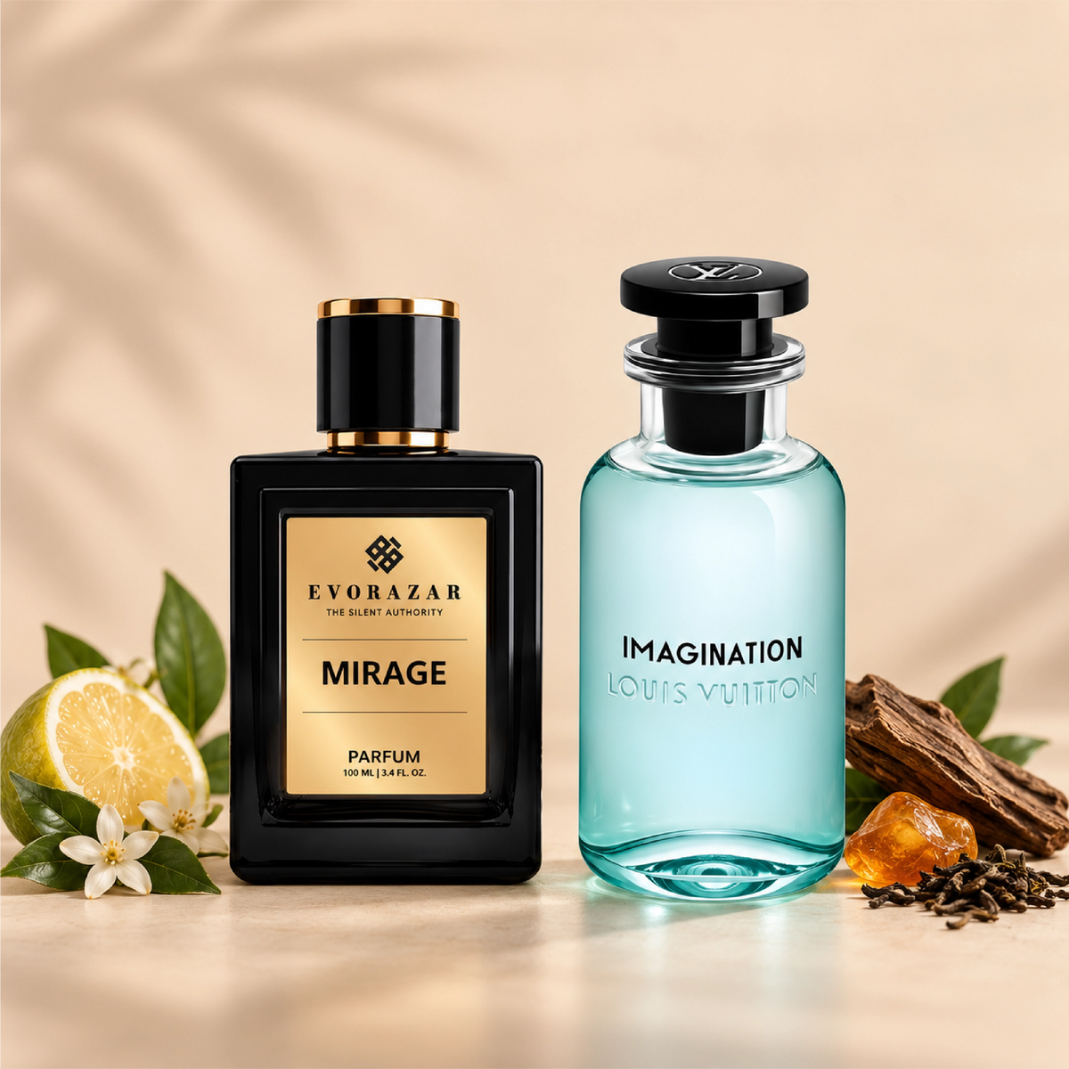 MIRAGE by Evorazar – black parfum bottle beside a pale blue bottle with citrus, flowers and wood