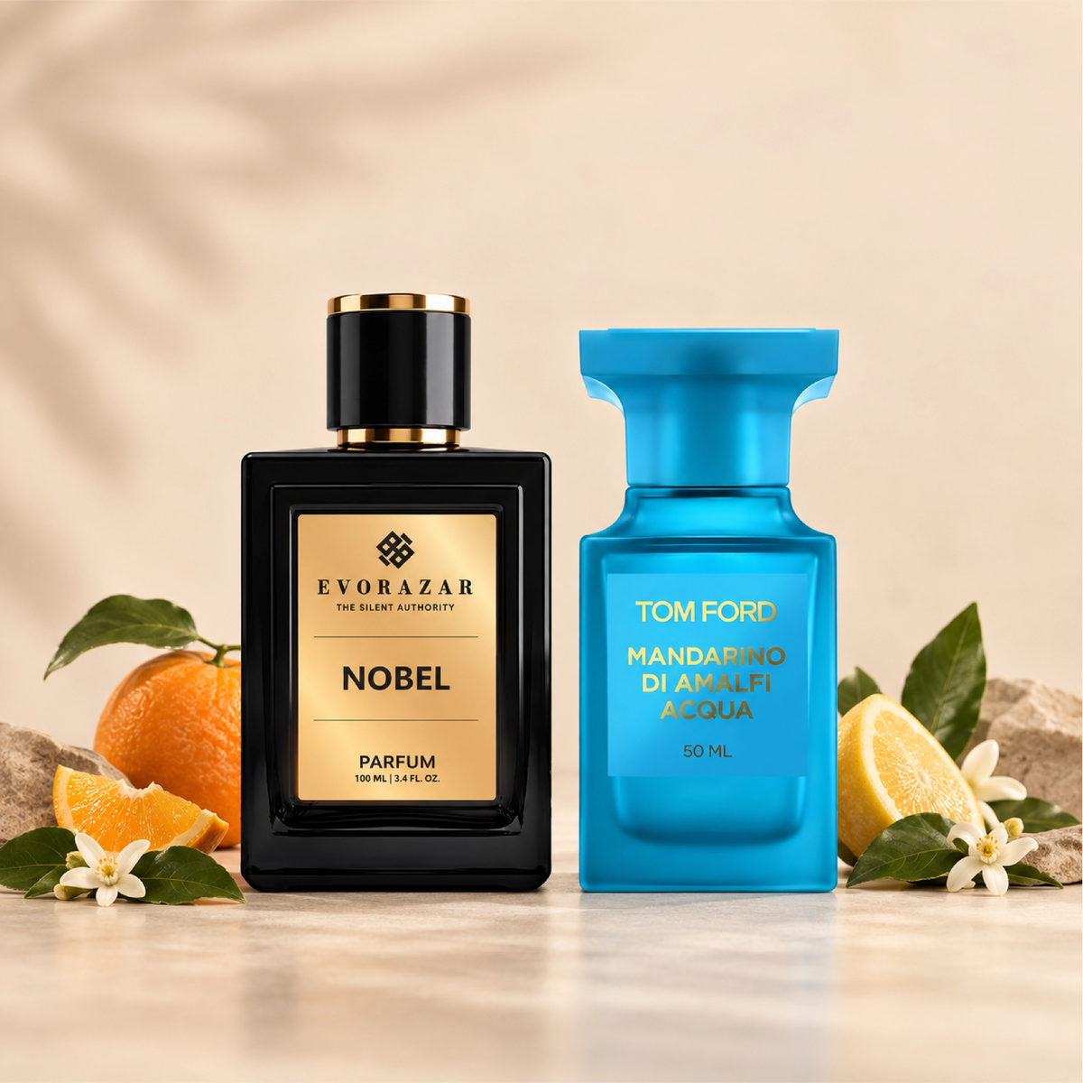 NOBEL by Evorazar – black parfum bottle beside a blue bottle with citrus and white flowers