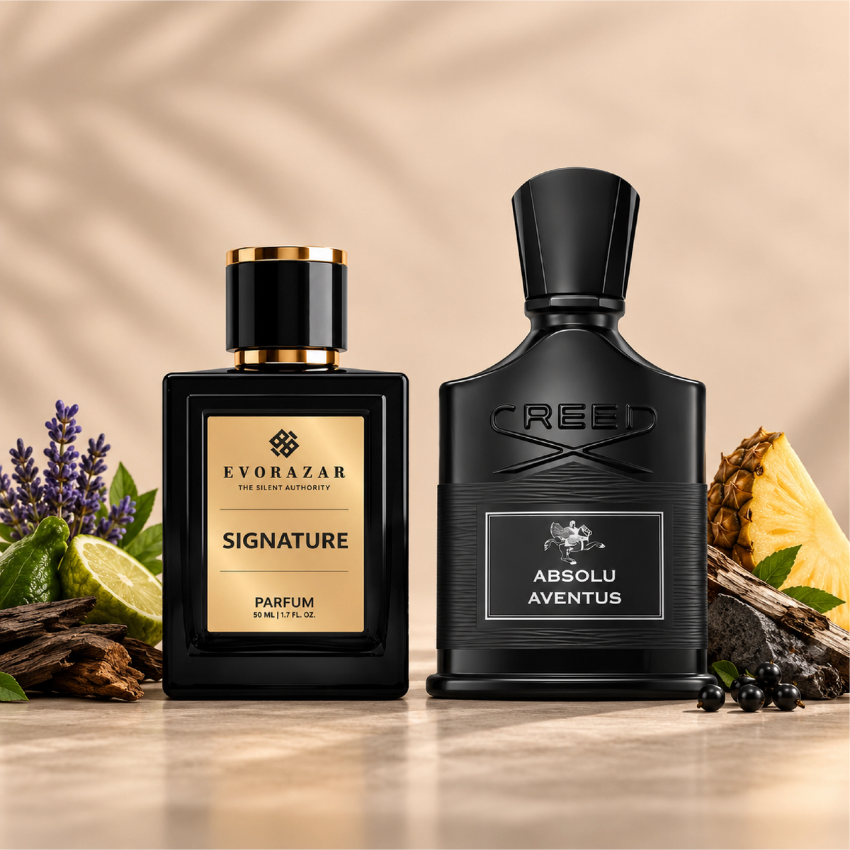 Signature by Evorazar – two black fragrance bottles with pineapple, citrus and wood