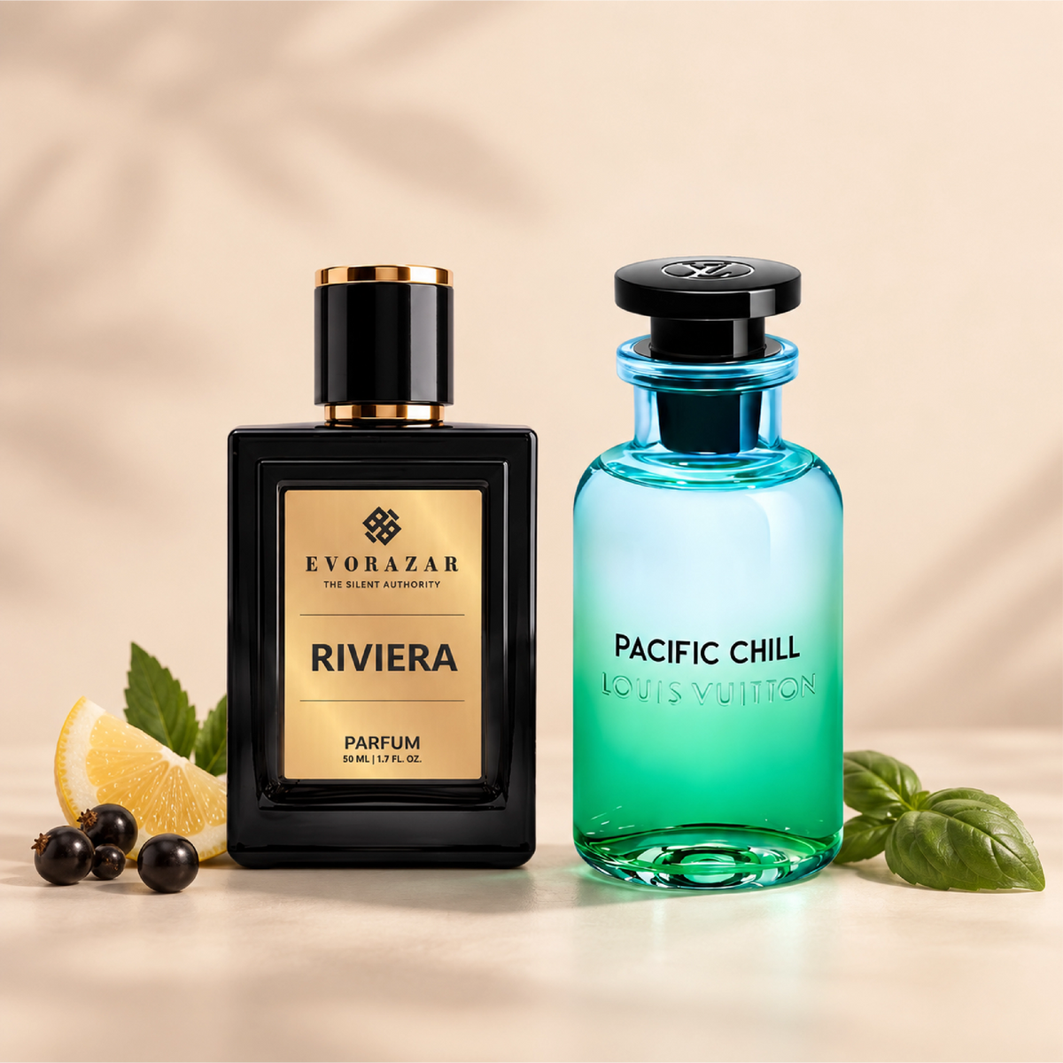RIVIERA by Evorazar – black parfum bottle beside a blue-green bottle with lemon, berries and herbs