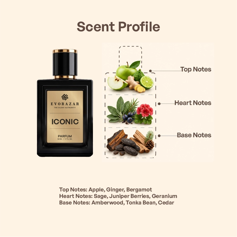 ICONIC by Evorazar – fragrance notes card: bergamot, ginger, green apple, sage, cedar