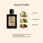 PALMA by Evorazar – fragrance notes card: coconut water, fig, tonka bean, vanilla, sandalwood